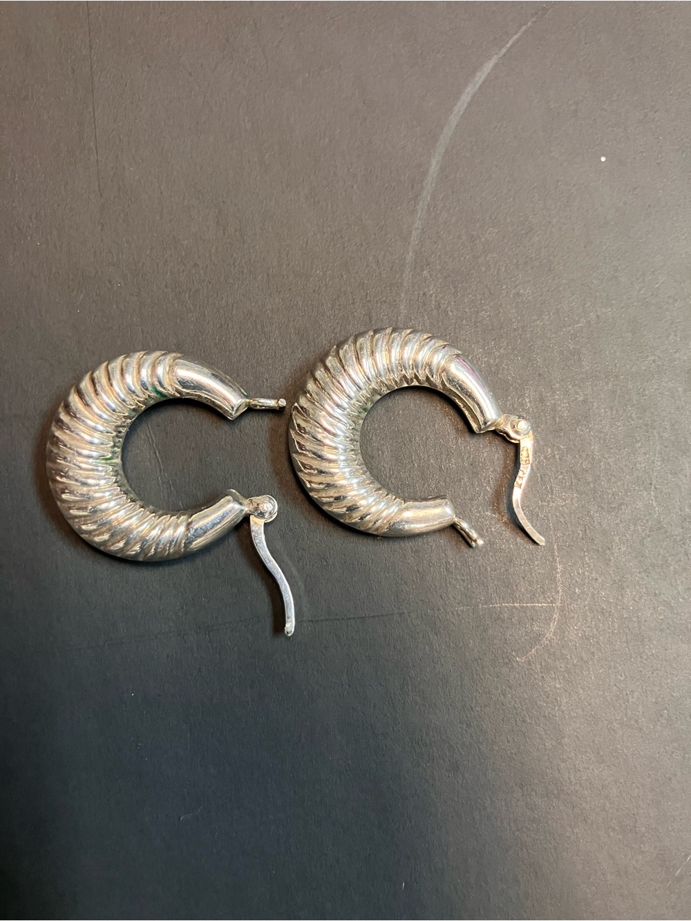 Sterling Silver  Hoop Earrings - Ribbed Crescent Design